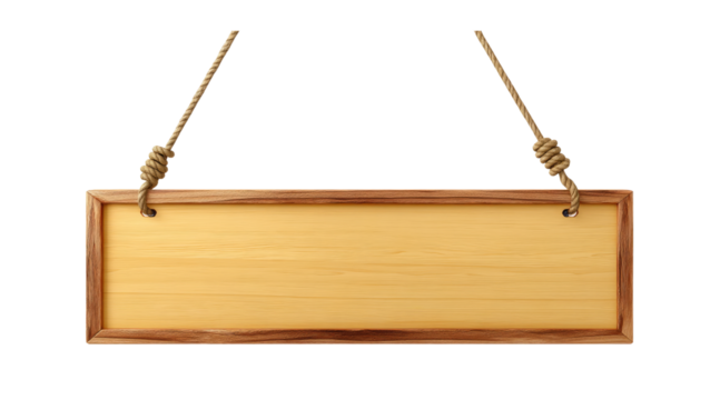 Wooden sign hanging from ropes isolated on a transparent background - Powered by Adobe