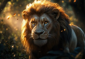 Naklejka premium Majestic Lion in a Lush Forest Environment Surrounded by Soft Lighting and Foliage, Captivating, Wild Animal Portrait