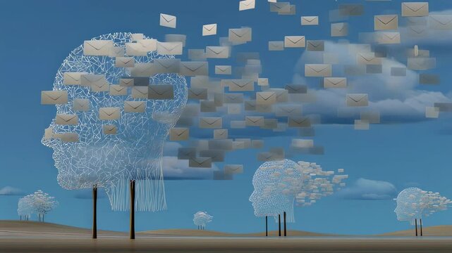Polygonal head shaped trees shedding envelopes, generating ethereal landscape symbolizing communication, memory, and emotional loss under brooding cloudy sky