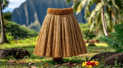 A traditional grass skirt swaying gently in the warm breeze, draped over a wooden stand or worn by a dancer in a tropical forest 