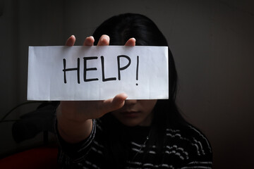 Woman hand Showing Help Sign For Stop Abusing Violence, Human Trafficking Concept