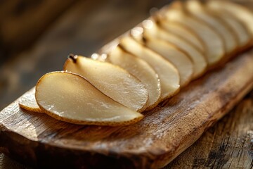 Fototapeta premium Thinly sliced pears arranged on rustic wooden board