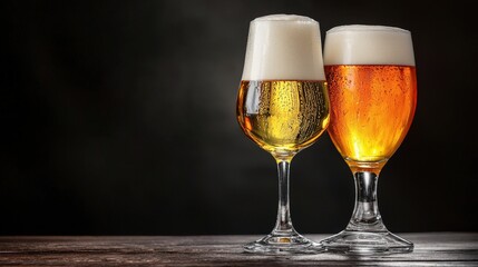 Two tall glasses filled with refreshing light and dark beers rest closely together on a dark wooden table, showcasing foamy heads against a dark backdrop.