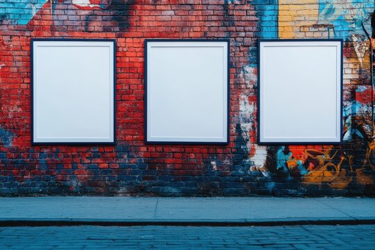 Three blank posters on a graffitied brick wall - Powered by Adobe