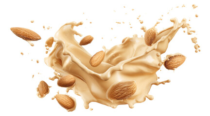 Almonds splashing into beige liquid isolated on a transparent background
