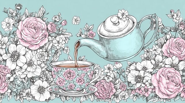 Elegant tea party floral background with delicate roses and vint