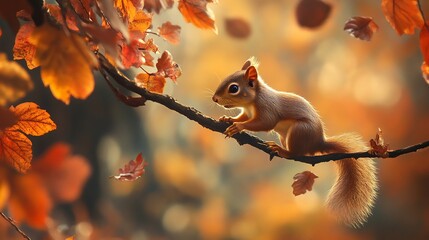 Obraz premium Autumn Squirrel: Golden Leaves, Branch Perch, Peaceful Scene