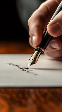 A person is writing with a fountain pen on a piece of paper. The writing appears to be a letter, and the pen is black and gold. Concept of formality and elegance