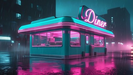Neon diner at night in heavy rain, blue and pink signs reflecting on wet asphalt, 1980s retro aesthetic