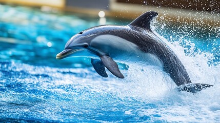 Obraz premium Dolphin's Graceful Leap: Dynamic Aquatic Scene in Vibrant Blue