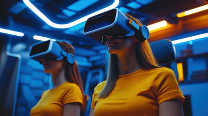 Young women wea virtual reality headsets experiencing immersive digital environment in futuristic room with vibrant neon lighting and high-tech setup