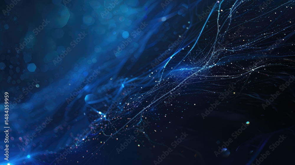 Poster abstract picture micro light sparkling particle represent data flow vivid flowing wave with high tec