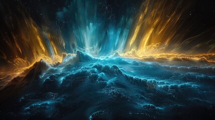Dynamic light burst with blue and orange particles on a dark background. Digital art for design and print. Abstract artwork of light shining with blue and vibrant color. Energy art design. AIG53.