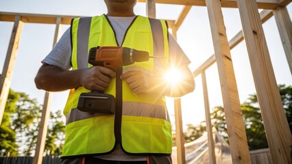 construction worker safety vest building process. A construction worker holds a power drill, wearing a safety vest, with sunlight shining in the background.