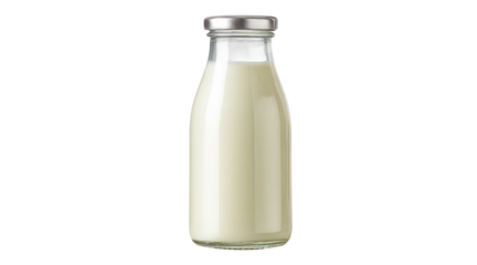 Glass milk bottle with silver cap isolated on a transparent background