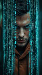 A man is standing in front of a blue screen with a black hoodie on. The man's face is partially obscured by the screen, and he is looking at the camera. The image has a futuristic