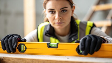construction worker safety vest building process. A focused woman in work attire uses a level tool, showcasing determination and professionalism in construction or renovation.