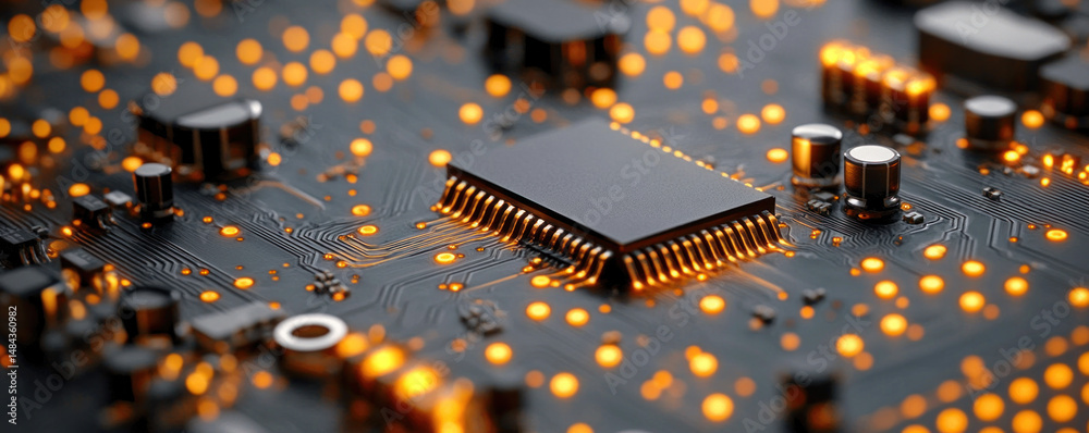 Poster a close up of a computer chip with a lot of lights on it. the chip is a microprocessor and is surrou