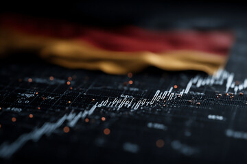 abstract visualization composited over a blurred german flag background, featuring white and light grey line graphs showing fluctuating trends with peaks and troughs