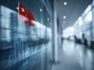 abstract visualization over a blurred chinese flag, showing dynamic economic trends and data networks,