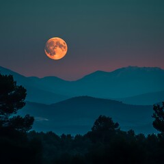 Orange moon over dark mountains