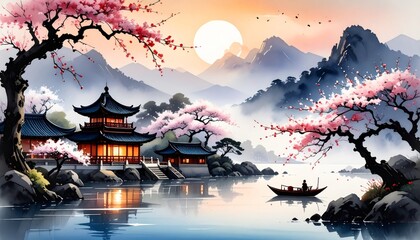 Chinese temple in the mountains at sunset with scenic landscape and reflection