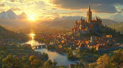 Fototapeta premium Golden hour fantasy city nestled in valley. Mountain range, castle, river, and colorful buildings at sunset