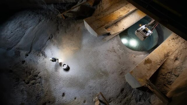 An overhead view of a robotic sandblaster operating in a dark damp ballast tank illuminated by its LED lights as it maps its surroundings using SLAM technology.