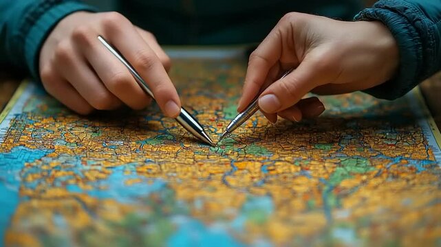 Close-up of two hands placing puzzle pieces on a city map