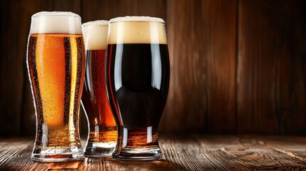 Three varieties of craft beer, a light golden lager, an amber ale, and a dark stout, stand on a rustic wooden table against a dark wooden background.