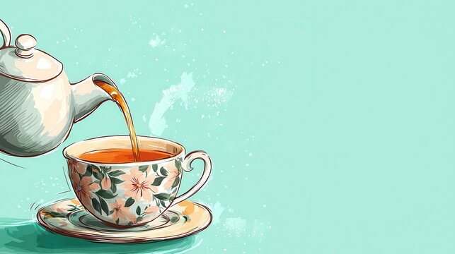Vintage teacup tea illustration on blue background for breakfast