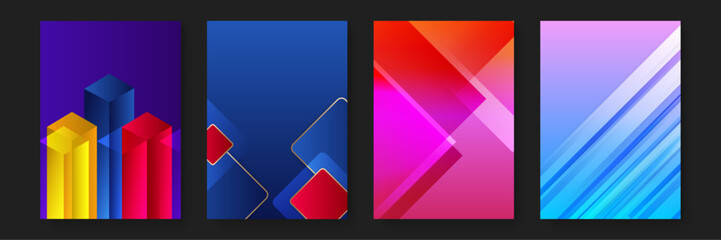 Four colorful abstract geometric designs for modern backgrounds, website graphics, digital art projects, and vibrant print materials.