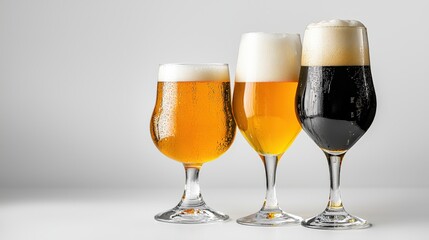 Three different types of beer, including a light lager, an amber ale, and a dark stout, are showcased in elegant glasses with condensation on a white surface.