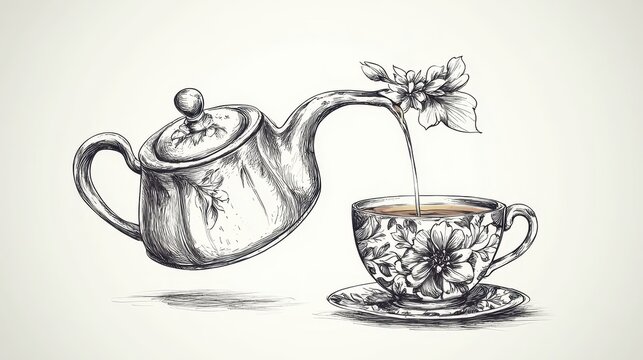 Minimalist tea time illustration of teapot pouring liquid into c