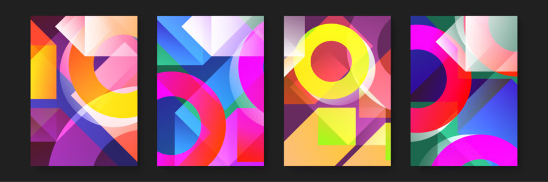 Four abstract designs with colorful shapes suitable for website backgrounds, social media posts, invitations, and graphic design projects.