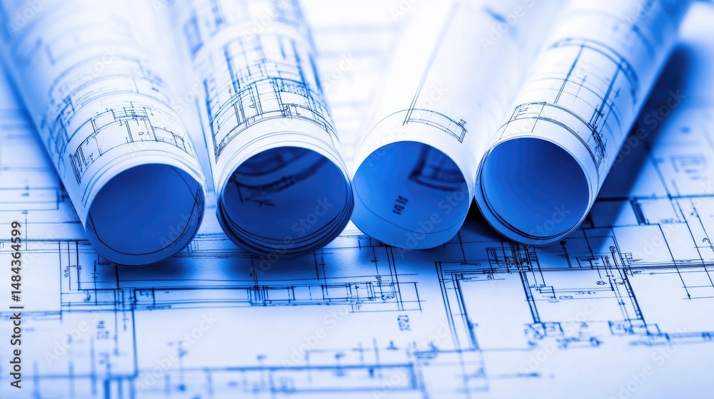 Poster desktop with architectural blueprints and engineering change request forms organized by team