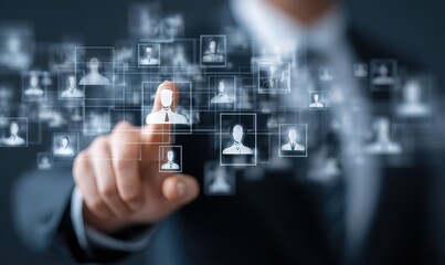 Human resource management technology (HR), Human resource manager touching human resource network structure and checks the CV online to choose the perfect employee for company, Effective recruitment.