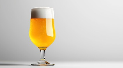 Golden beer with frothy head fills a stemmed glass on a clean surface with soft studio lighting emphasizing the cool refreshing nature of the beverage here now.
