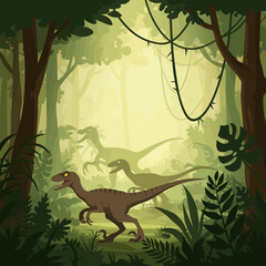 Dinosaurs Walking in Dense Tropical Rainforest Jungle Illustration Graphic