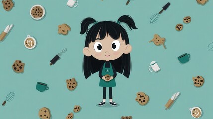 Baker Girl with Cookies and Baking Utensils Illustration
