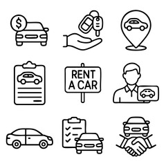 A set of doodle line icons representing car rental service, car booking, location, keys, documents, agreement, and checklist