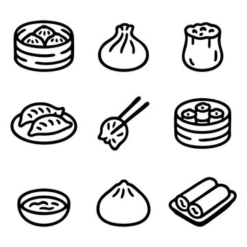 A set of doodle line icons showing dim sum, dumplings, bao buns, dipping sauce, chopsticks, siu mai, and Asian food elements