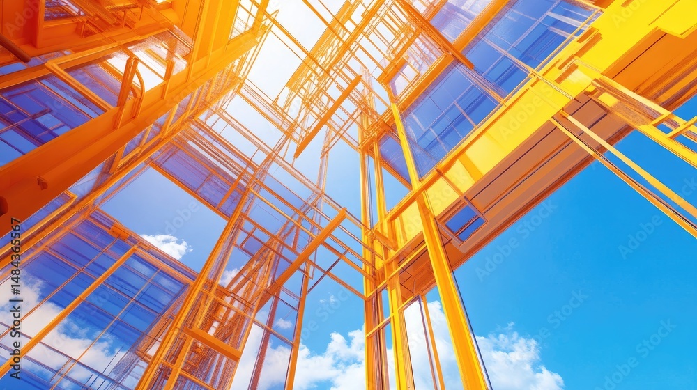 Poster digital interface overlay showing structural stress simulations on building components