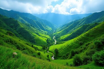 Fototapeta premium Vibrant Andean valley, lush vegetation, terraced fields, crops, mountains