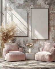 Cozy Living Room with Plush Chairs, Decor Plants, and Empty Frames for Artwork on Textured Wall