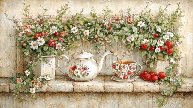 Vintage tea arrangement with floral accent on a stone surface of