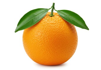 A single vibrant orange with green leaves is isolated on a white background