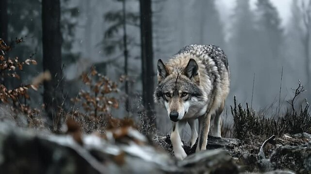 Gray wolf in misty forest