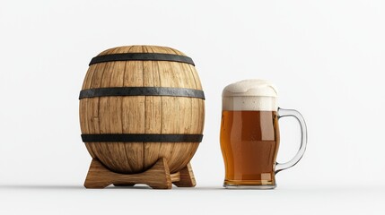 A wooden barrel with iron hoops stands beside a mug overflowing with foamy amber ale, creating a rustic and inviting still life on a clean white background.