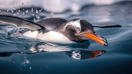 Close up swimming penguins at the sea. Wildlife animals concept .